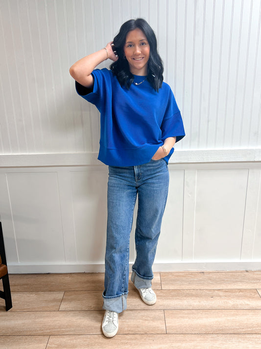 Kinsley Ribbed Round Neck Waist Banded Tee Shirts - Classic Blue-Zenana-Tops Collection-The Twisted Chandelier