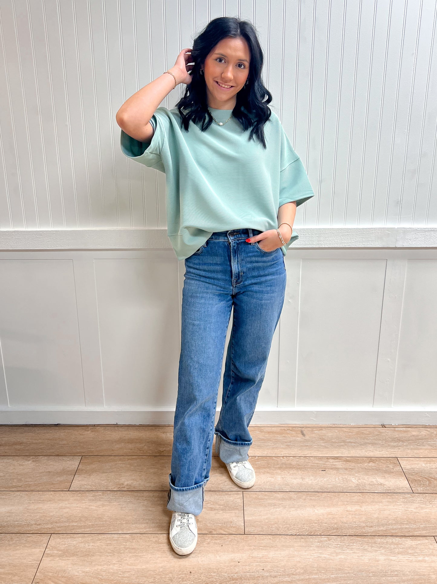 Kinsley Ribbed Round Neck Waist Banded Tee Shirts - Dusty Green-Zenana-Tops Collection-The Twisted Chandelier