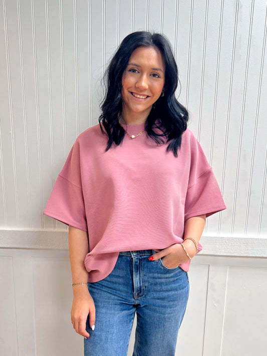 Kinsley Ribbed Round Neck Waist Banded Tee Shirts - Light Rose-Zenana-Tops Collection-The Twisted Chandelier