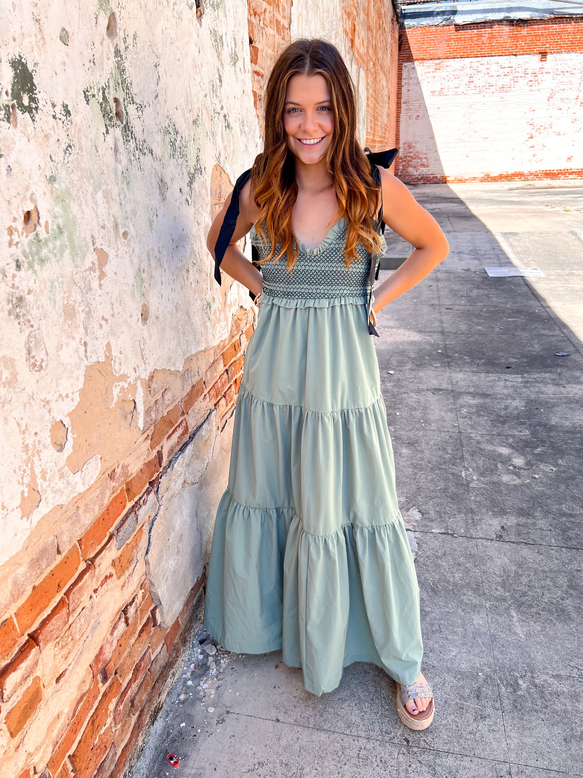 Emmalyn Smocked Bodice And Bow Tie Straps Maxi Dress-Jumpsuits & Rompers-Davi & Dani-BIN A2, dd30914, OG price $74.75-The Twisted Chandelier