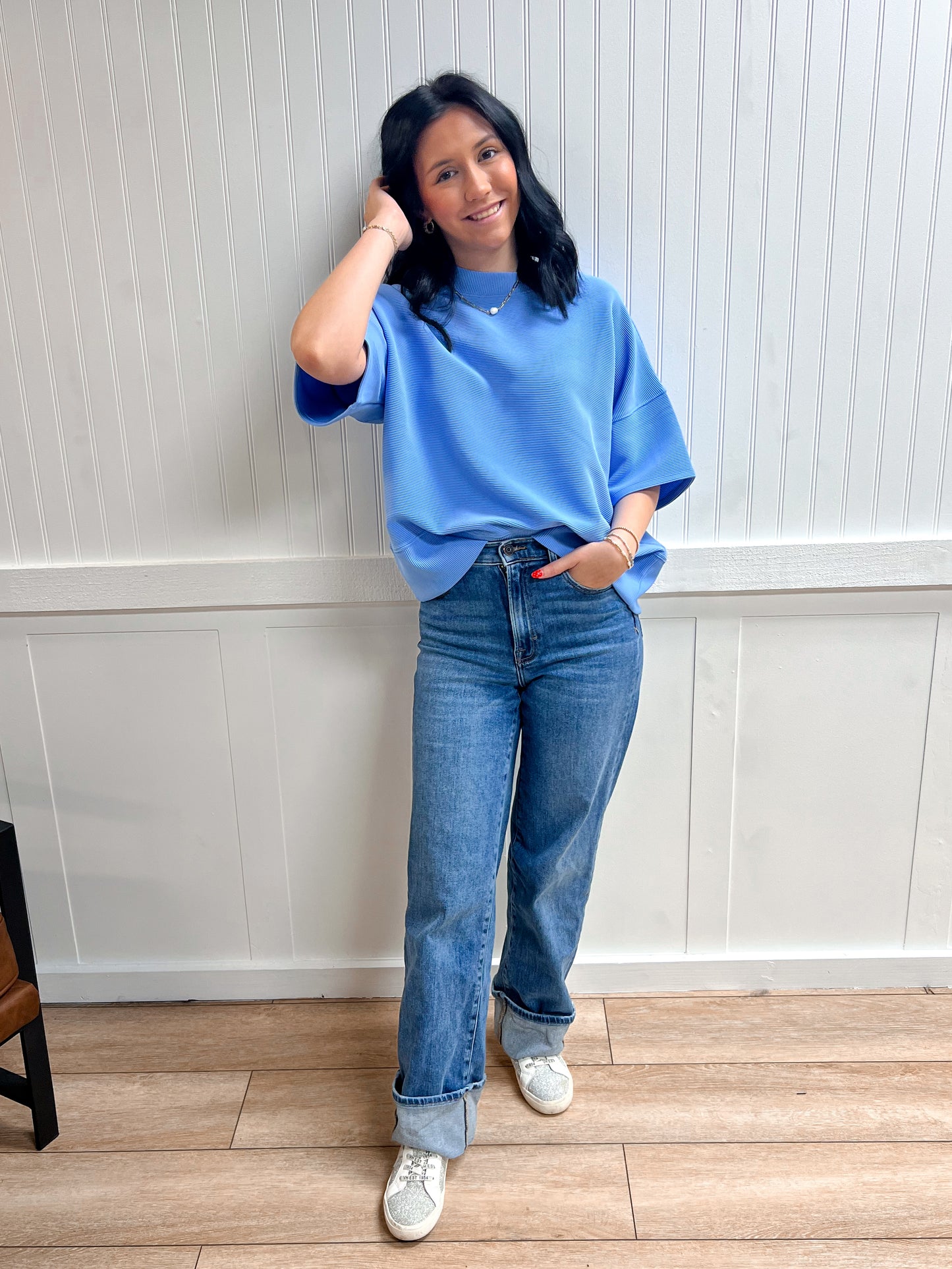 Kinsley Ribbed Round Neck Waist Banded Tee Shirts - Cornflower Blue-Zenana-Tops Collection-The Twisted Chandelier