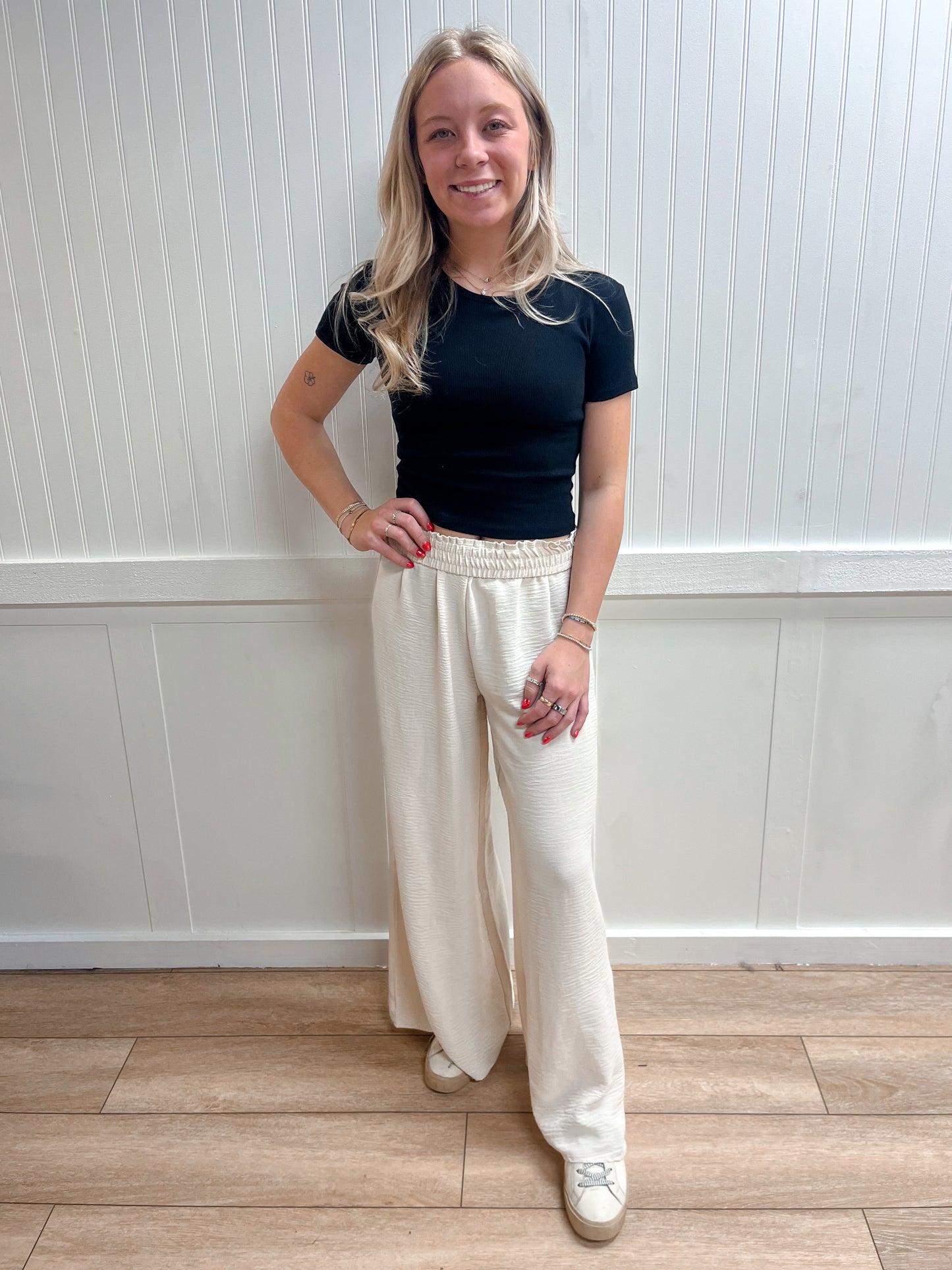 Wren Woven Airflow Elastic Waistband Pants - Sand Beige-ZENANA-bottoms,FD 03/12/26-The Twisted Chandelier