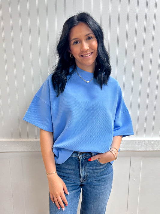 Kinsley Ribbed Round Neck Waist Banded Tee Shirts - Cornflower Blue-Zenana-Tops Collection-The Twisted Chandelier