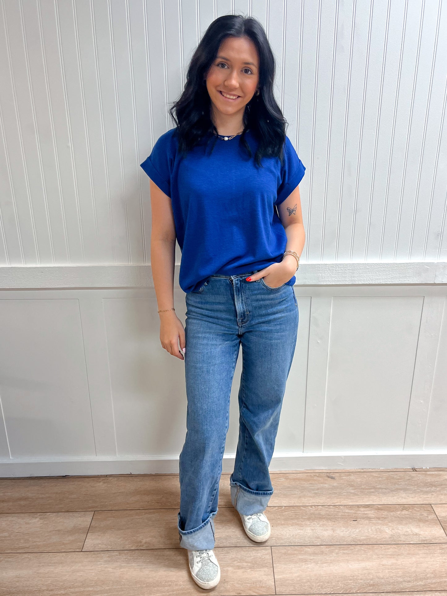 Delaney Cotton Modal Slub Rolled Sleeve Tee - Light Navy-ZENANA-Tops Collection-The Twisted Chandelier