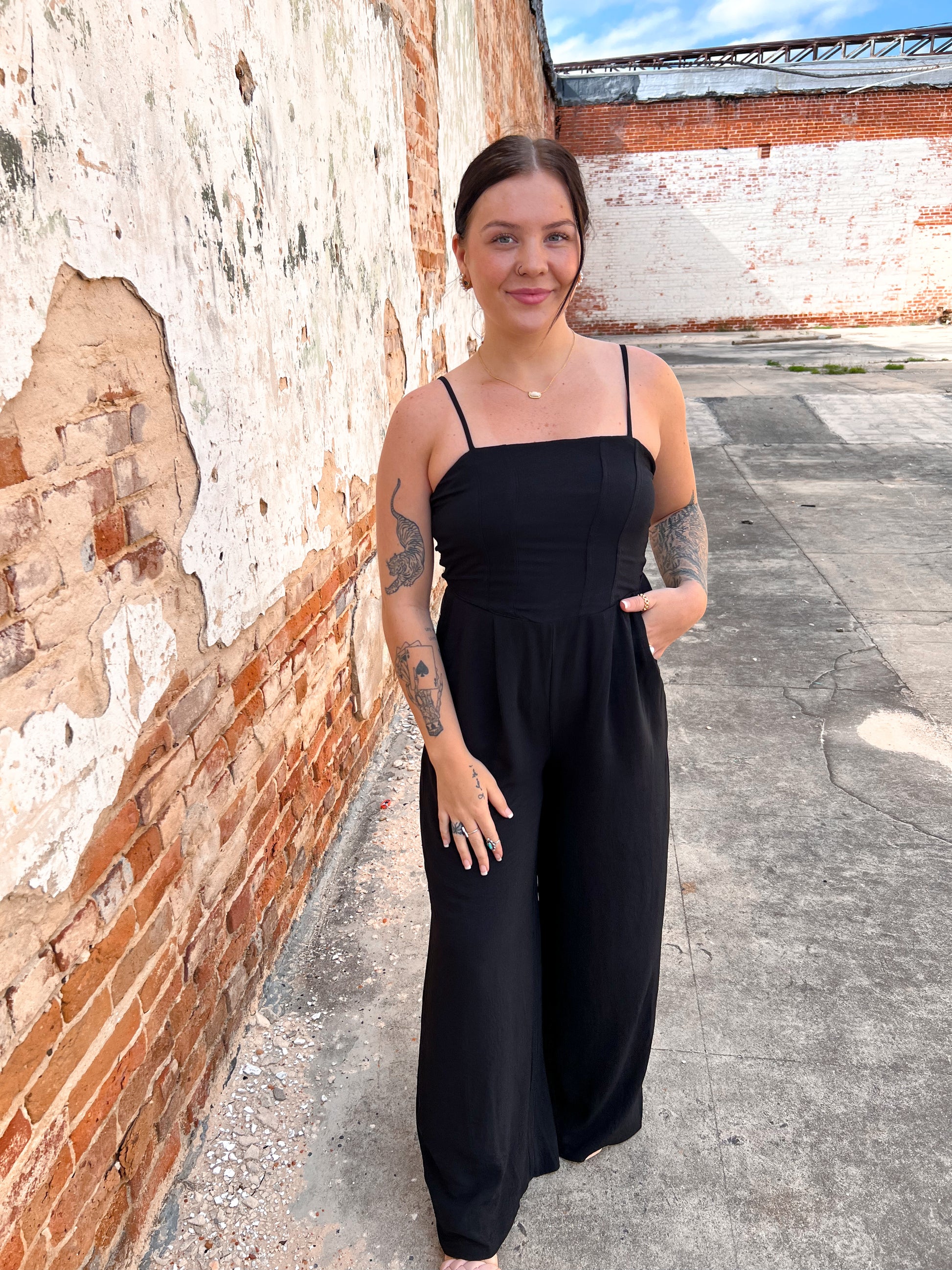 Addison Sleeveless Woven Jumpsuit With Black Smocking Detail-Apparel & Accessories-She & Sky-SY5847-The Twisted Chandelier