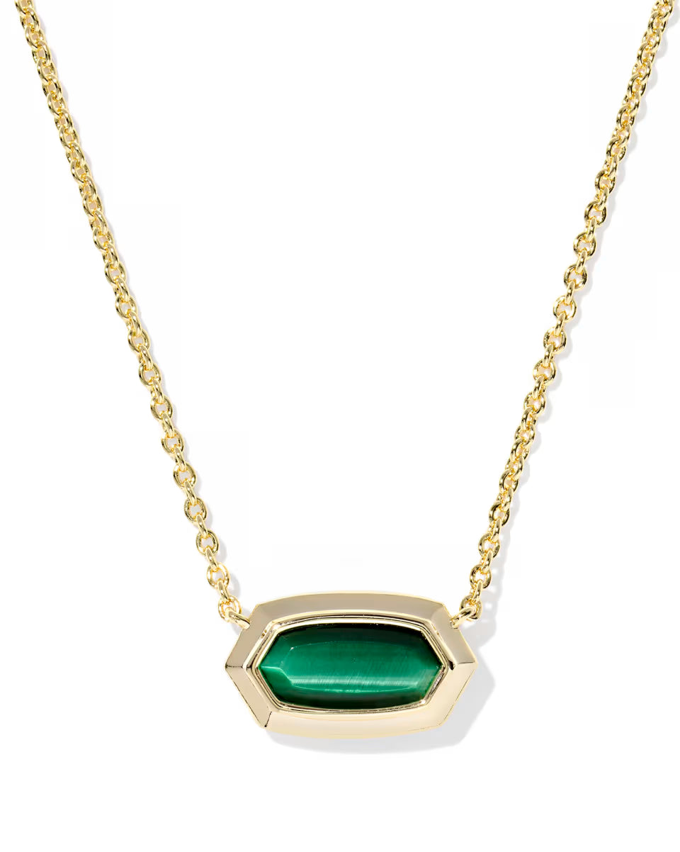 Kendra Scott Elisa Bezel Short Pendant Necklace Gold Green Tigers Eye-Kendra Scott-N01329GLD-The Twisted Chandelier
