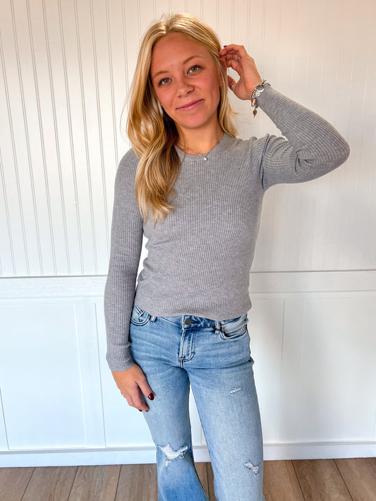Coraline Long Sleeve Crew Neck Viscose Rib Sweater - Heather Grey-Active Basic | Active USA-Tops Collection-The Twisted Chandelier
