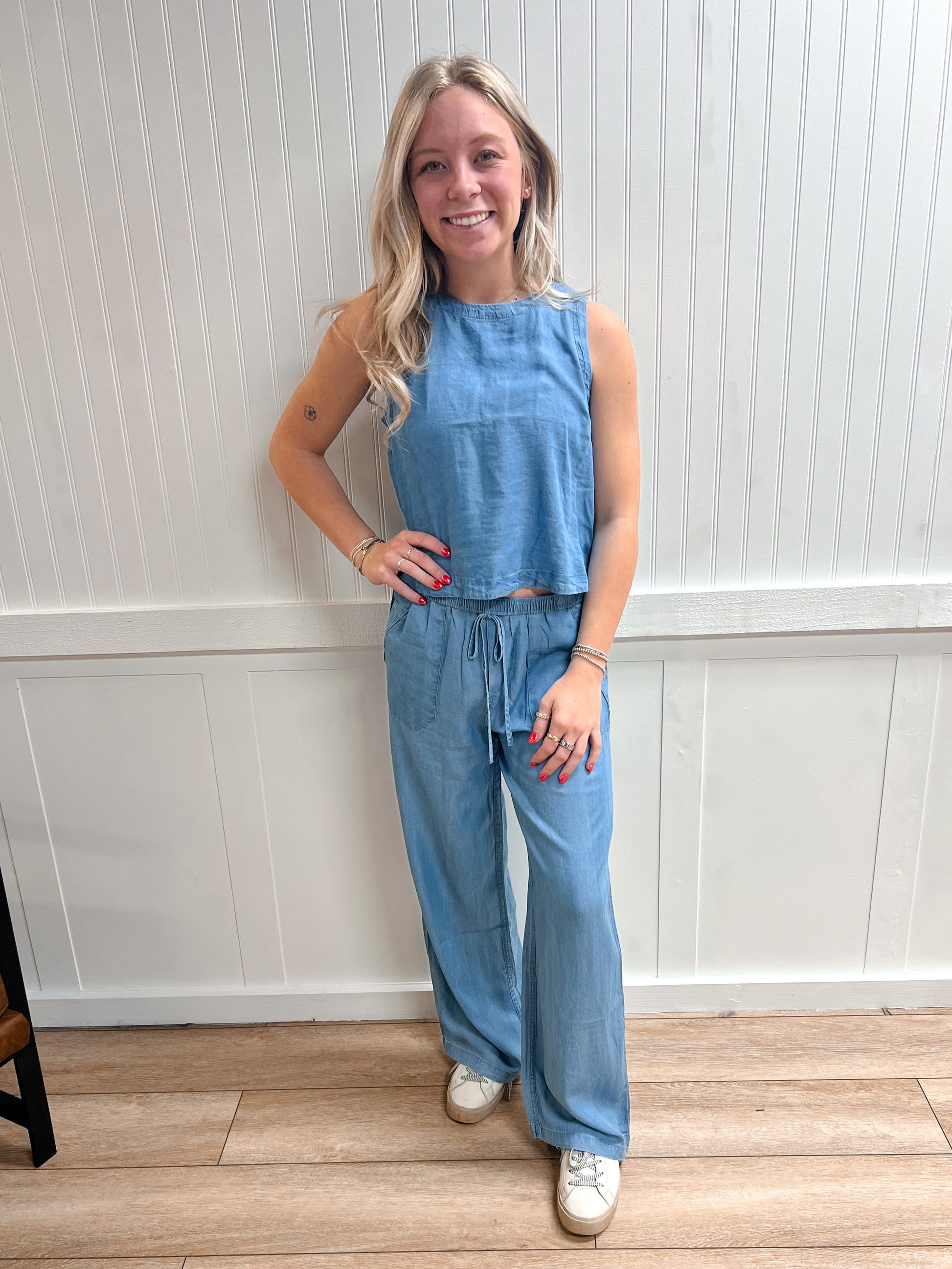 Hadley Chambray Drawstring Wide Leg Lounge Pants-Pants-Blu Pepper-bottoms,CR2967,FD 03/12/26-The Twisted Chandelier