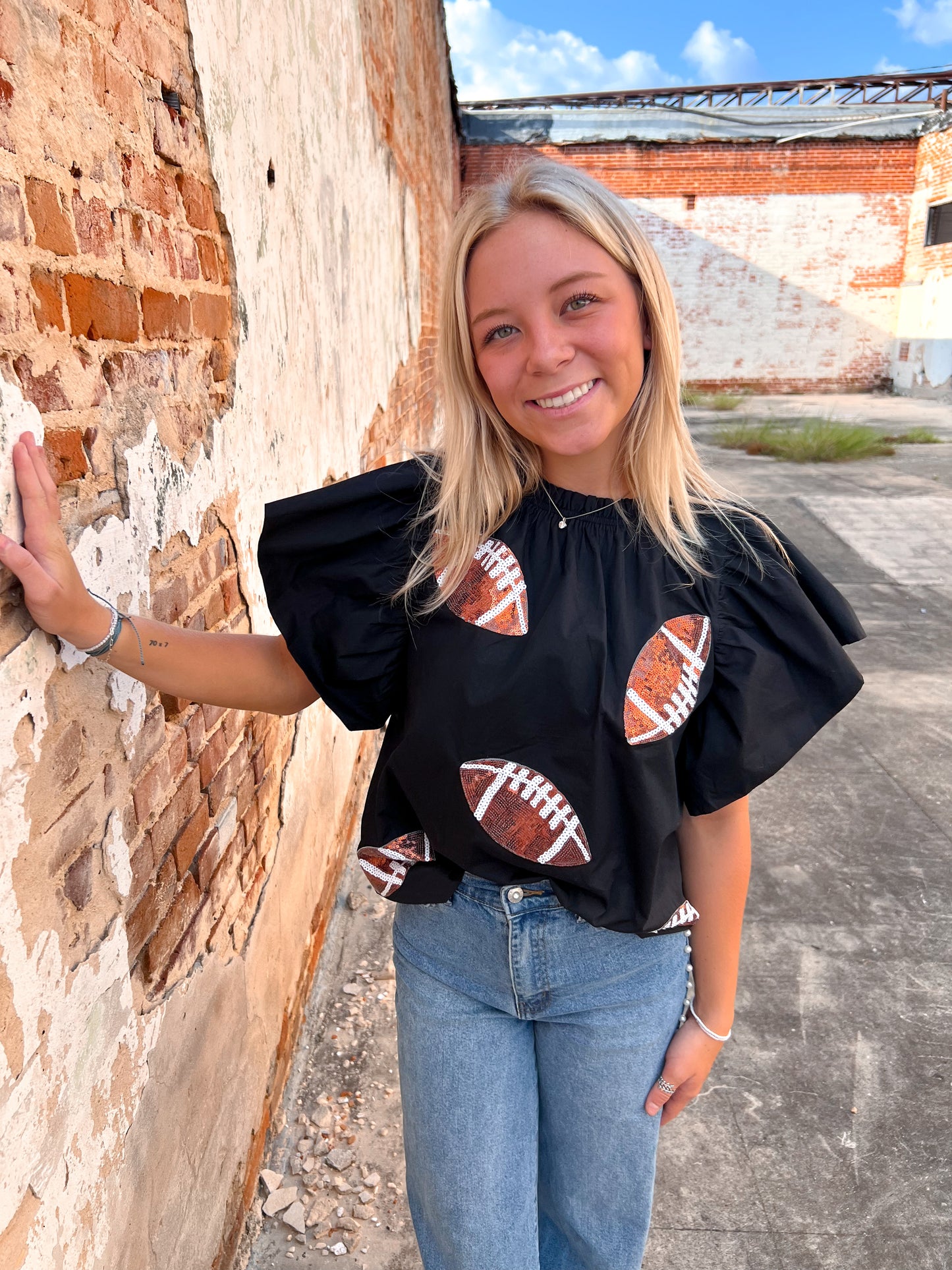 Football Sequin Patch Solid Poplin Blouse