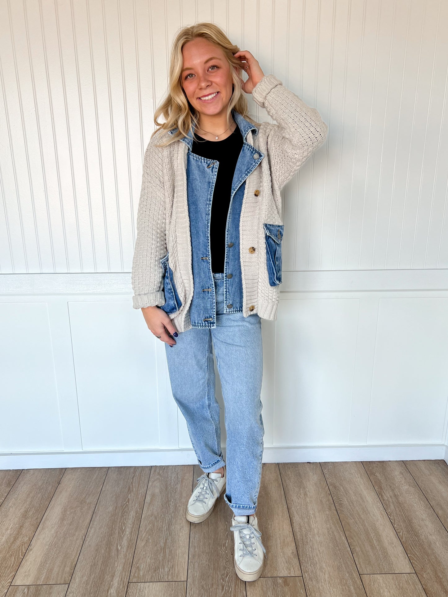 Adeline Knit Body Denim Layered Jacket-Veveret-FD 12/22/25,Tops Collection-The Twisted Chandelier