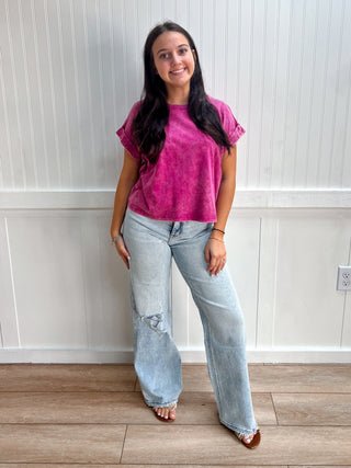 Kendall Washed Cotton Cuffed Short Sleeve Top - Magenta