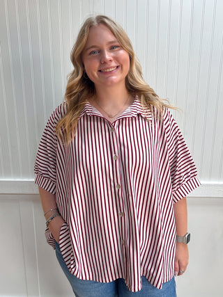 Merritt Oversized Stripe Button Down Shirt - Cabernet-Top-Zenana-FD 07/31/26,Tops Collection-The Twisted Chandelier