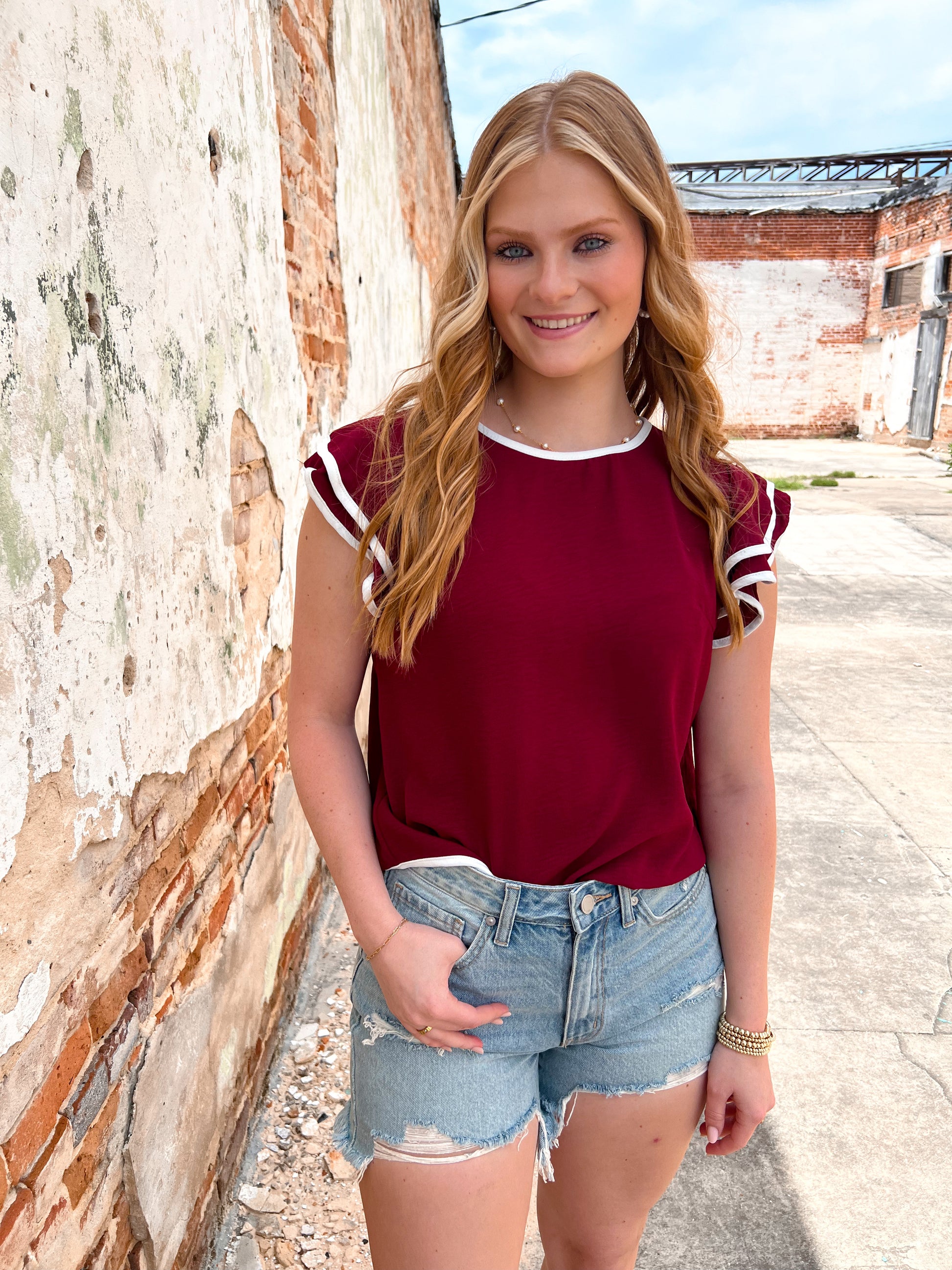 Maria Ruffle Sleeve Contrast Piping Top - Maroon-Apparel & Accessories-She & Sky-Bin a1, gameday, SY6057, Tops Collection-The Twisted Chandelier