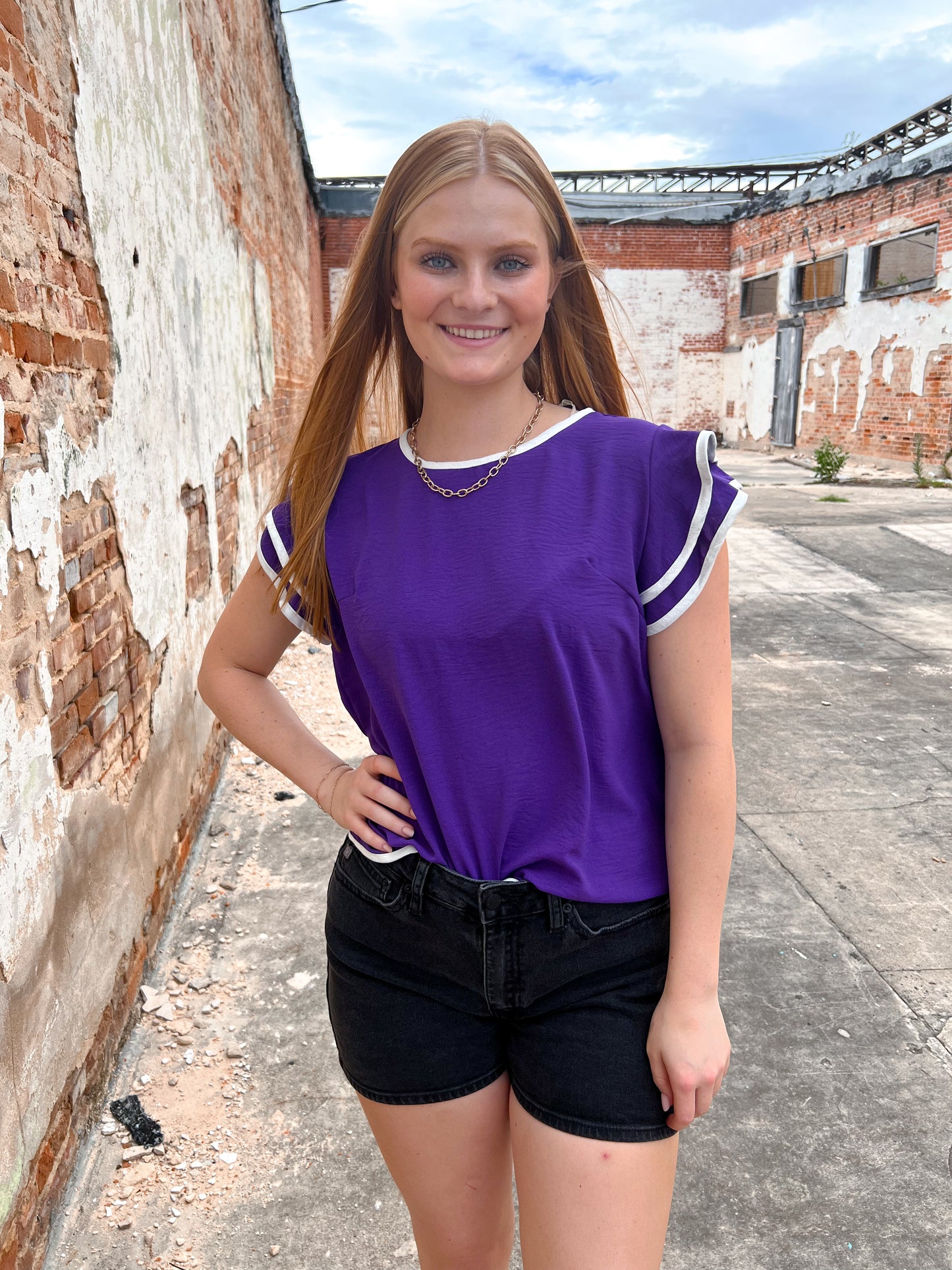 Maria Ruffle Sleeve Contrast Piping Top - Purple-Apparel & Accessories-She & Sky-BIN A2, gameday, SY6057, Tops Collection-The Twisted Chandelier