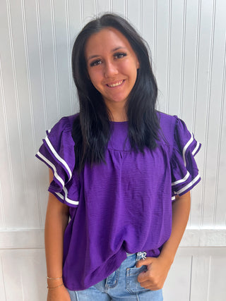 Raleigh Ruffle Sleeve Game Day Woven Top-Top-Vanilla Monkey-Fd 8/2/26,Tops Collection-The Twisted Chandelier