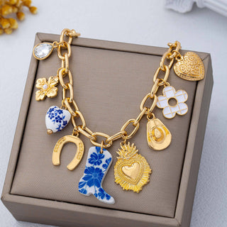 Blue & White Floral Western Charm Link Bracelet-Bracelet-JOSSLYN by wall to wall-80B1803-The Twisted Chandelier