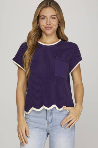 Peyton Drop Shoulder Short Sleeve Scallop Hem Sweater Top-Top-Vanilla Monkey-Tops Collection-Small-The Twisted Chandelier