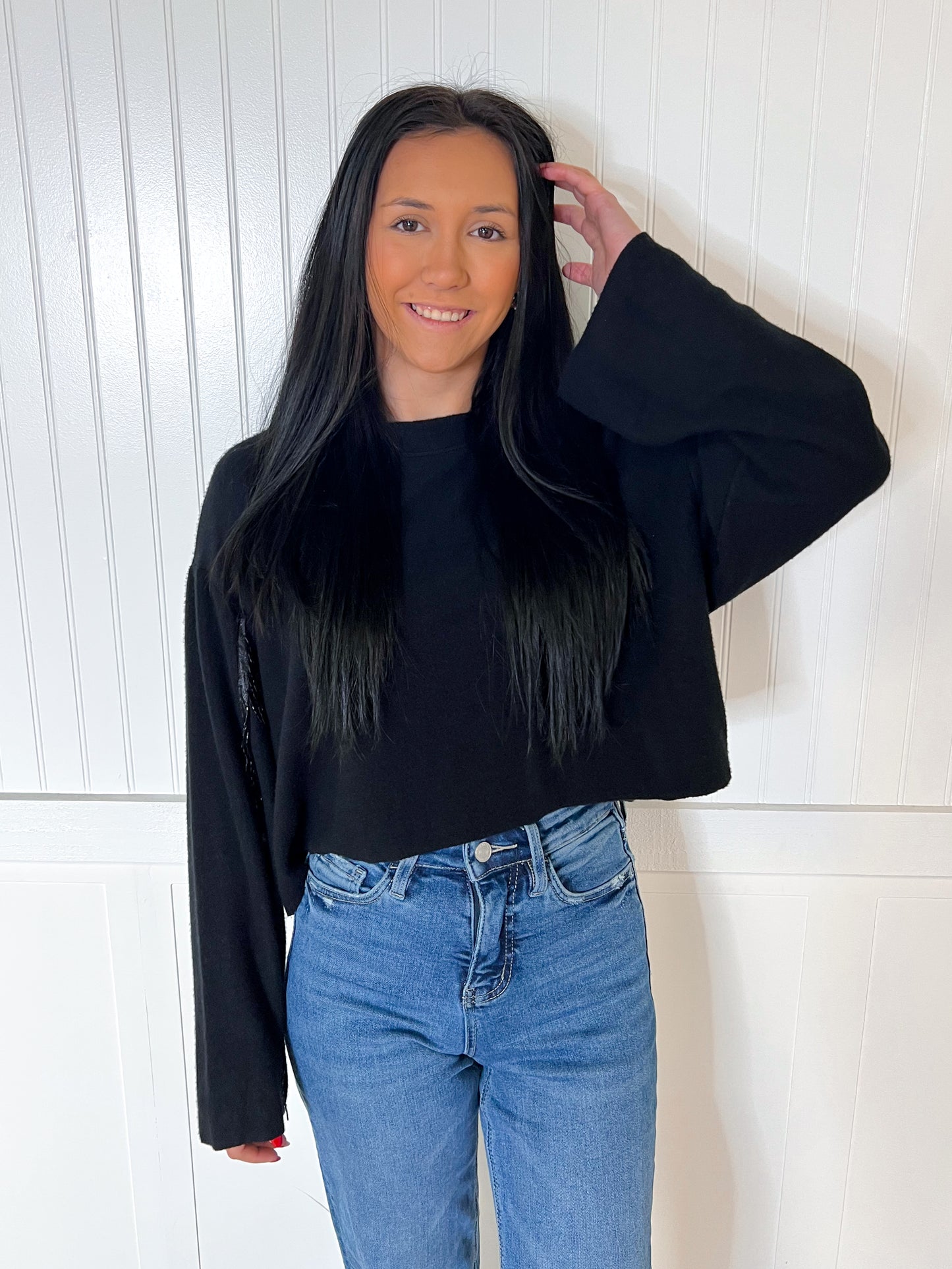 Valentina Black Sweater Rhinestone Fringed Sleeves-Sweater-Vocal-20005L,Max Retail,not on the floor only in totes,Winter Tote T1-The Twisted Chandelier