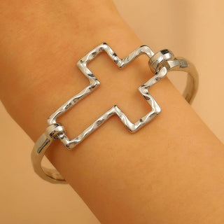 Hammered Open Cross Bangle-Bracelet-JOSSLYN by wall to wall-40B5235-Silver-The Twisted Chandelier