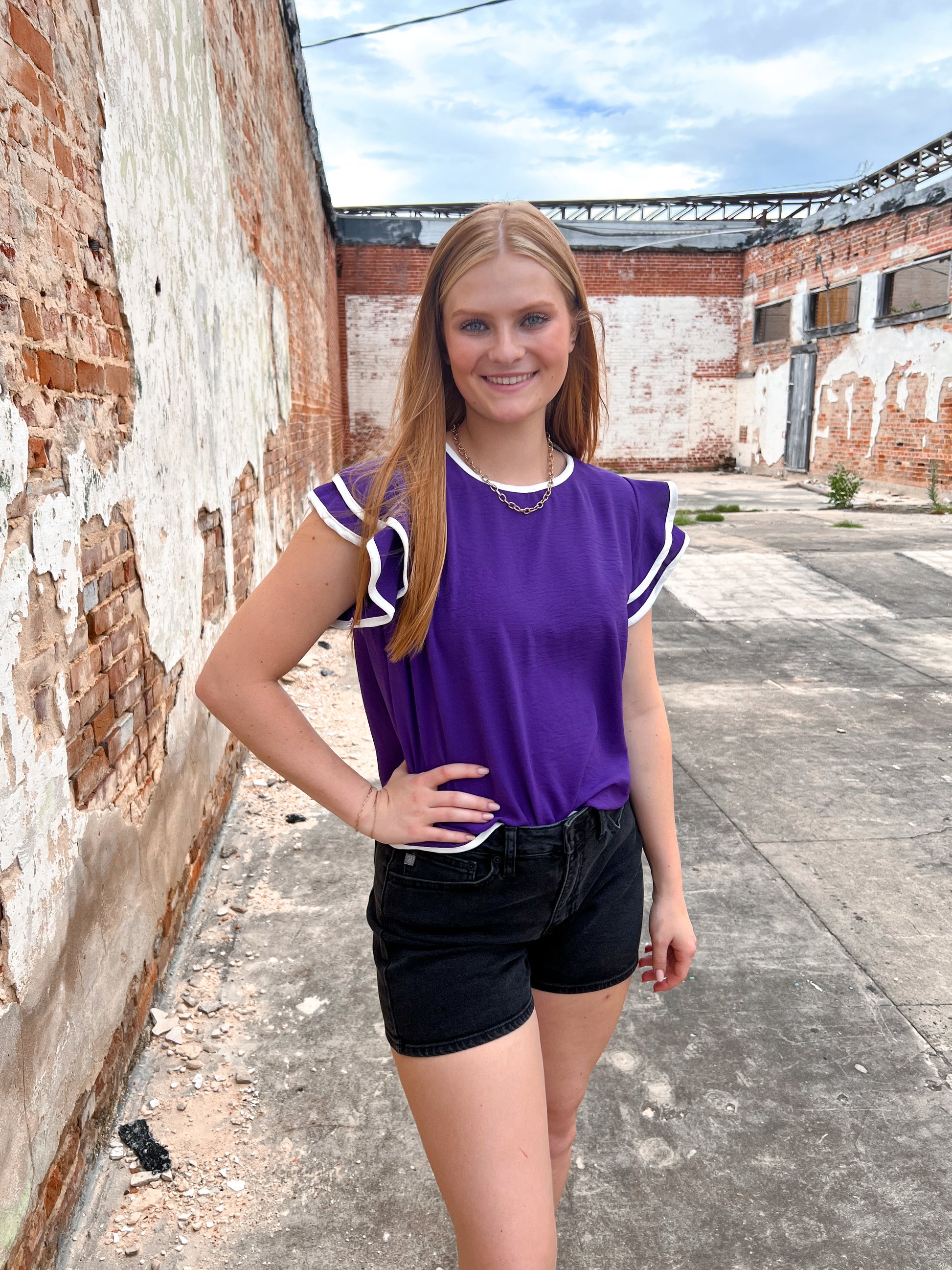 Maria Ruffle Sleeve Contrast Piping Top - Purple-Apparel & Accessories-She & Sky-BIN A2, gameday, SY6057, Tops Collection-The Twisted Chandelier