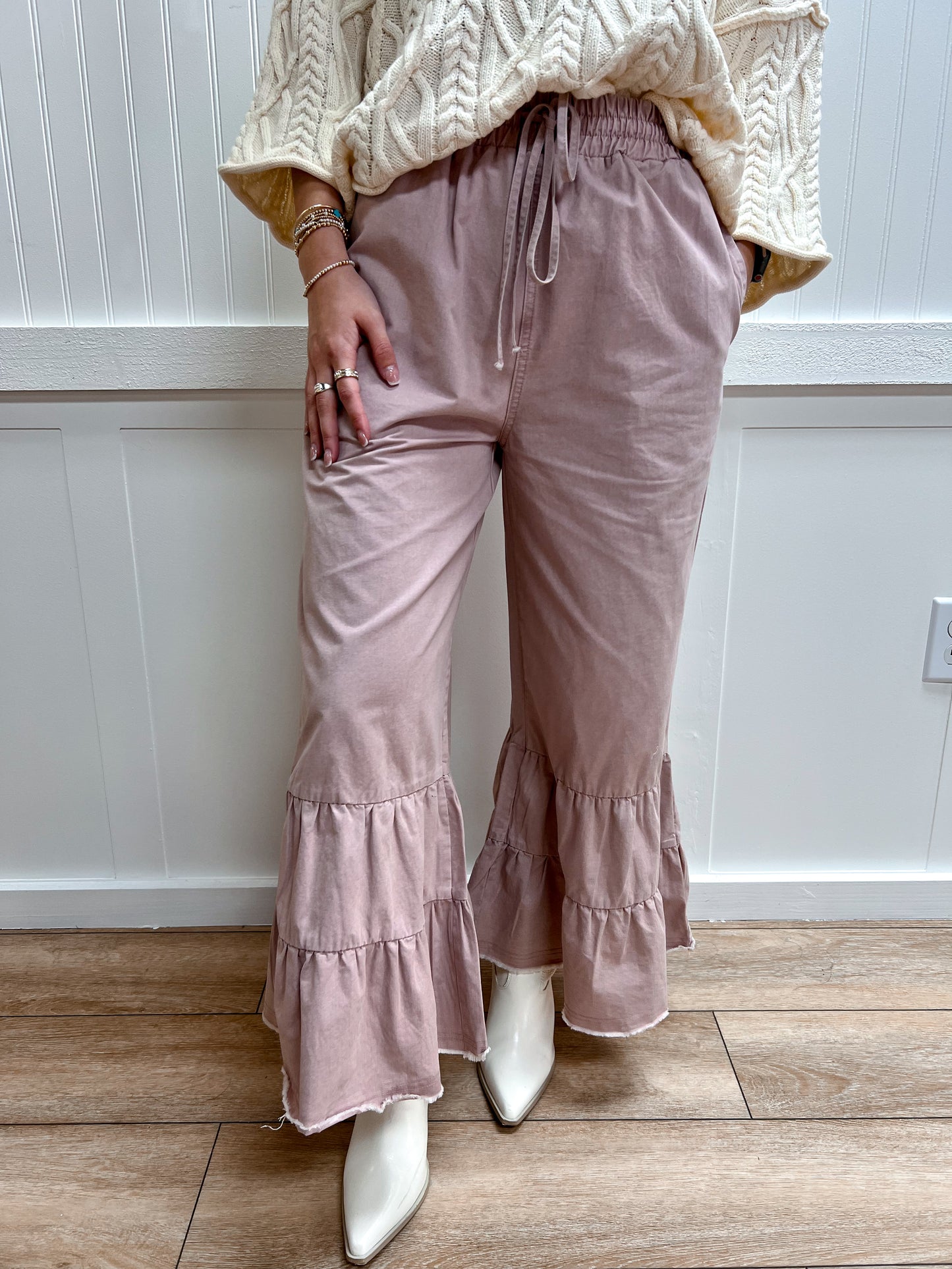 Willow Stone Washed Woven Tiered Ruffle Wide Leg Pants-Pants-Sewn and Seen-bottoms,FD 02/09/26-The Twisted Chandelier