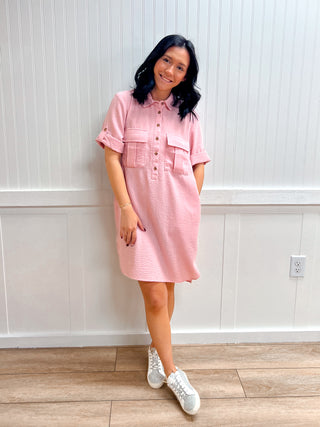 Blair Roll Up Short Sleeve Straight Linen Effect Mini Dress-Dress-Active Basic | Active USA-DJR,FD 02/03/26-The Twisted Chandelier