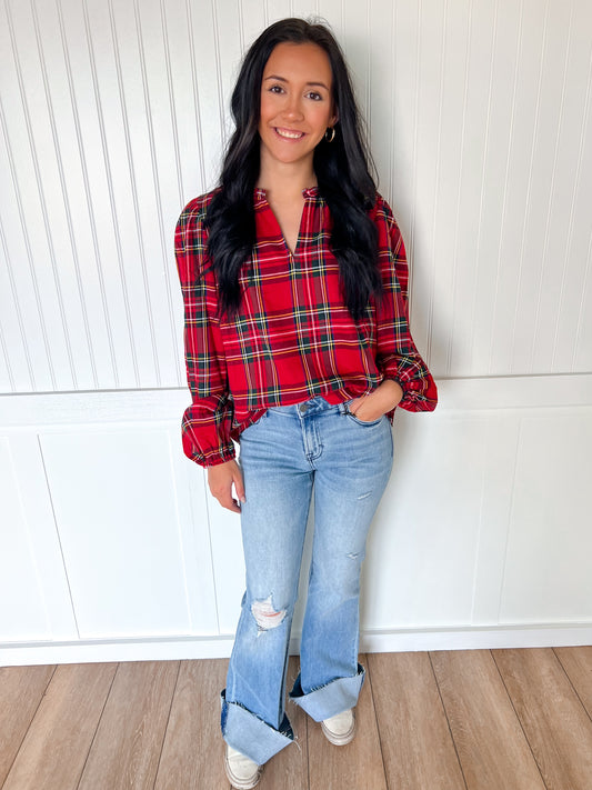 Clara Christmas Plaid Ruffled V-Neck Top with Balloon Sleeves-Blouse-BiBi-BIN A 3,FD 11/6/25-The Twisted Chandelier