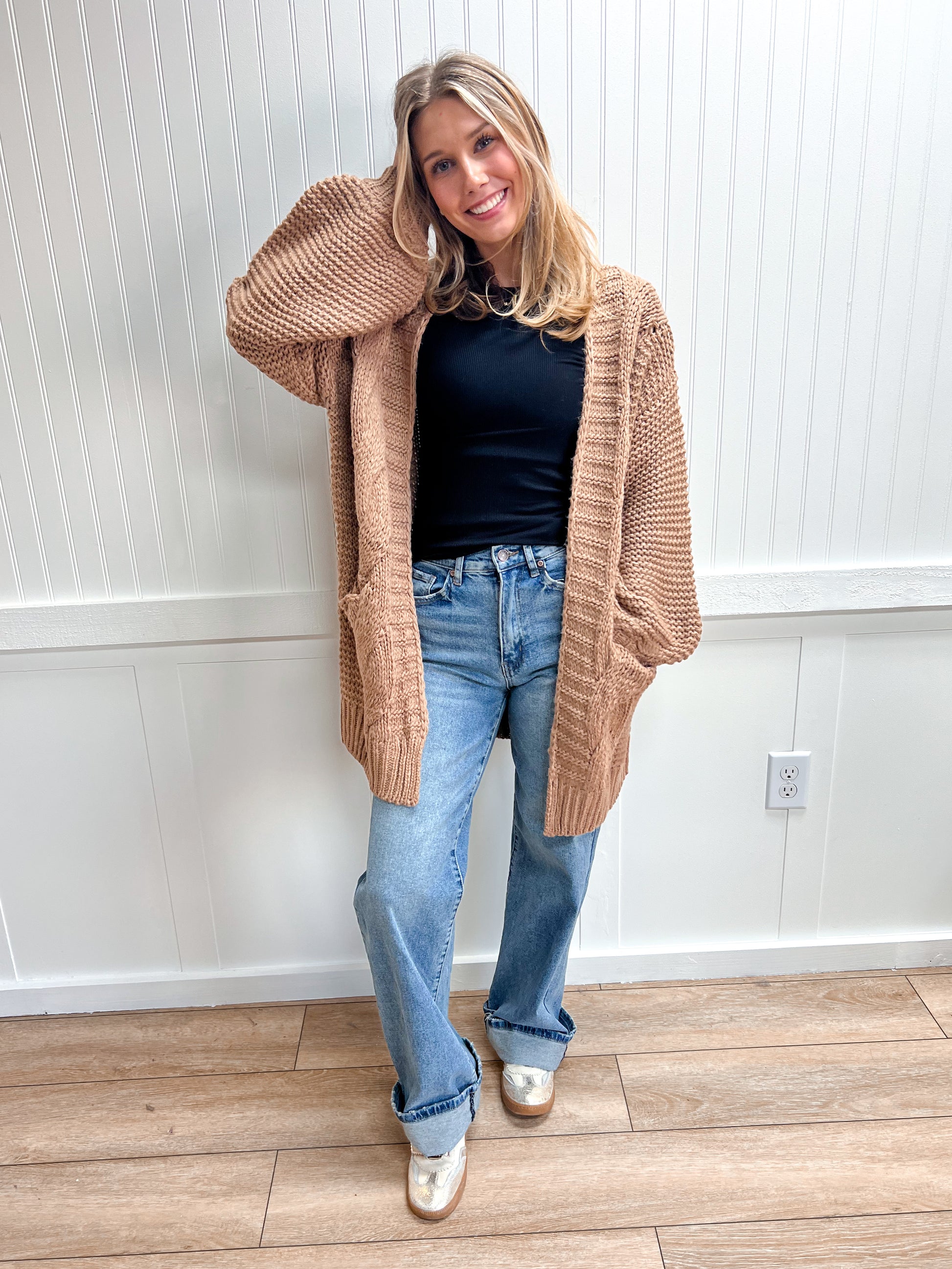 Camille Chunky Cable Lantern Sleeve Cardigan-Bluivy-The Twisted Chandelier