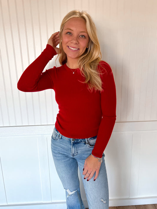 Coraline Long Sleeve Crew Neck Viscose Rib Sweater - Red-Active Basic | Active USA-Tops Collection-The Twisted Chandelier