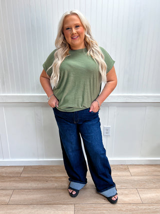Addie Slub Cuffed Sleeve Tee - Plus - Olive-Top-ZENANA-NewArrival,Tops Collection-The Twisted Chandelier