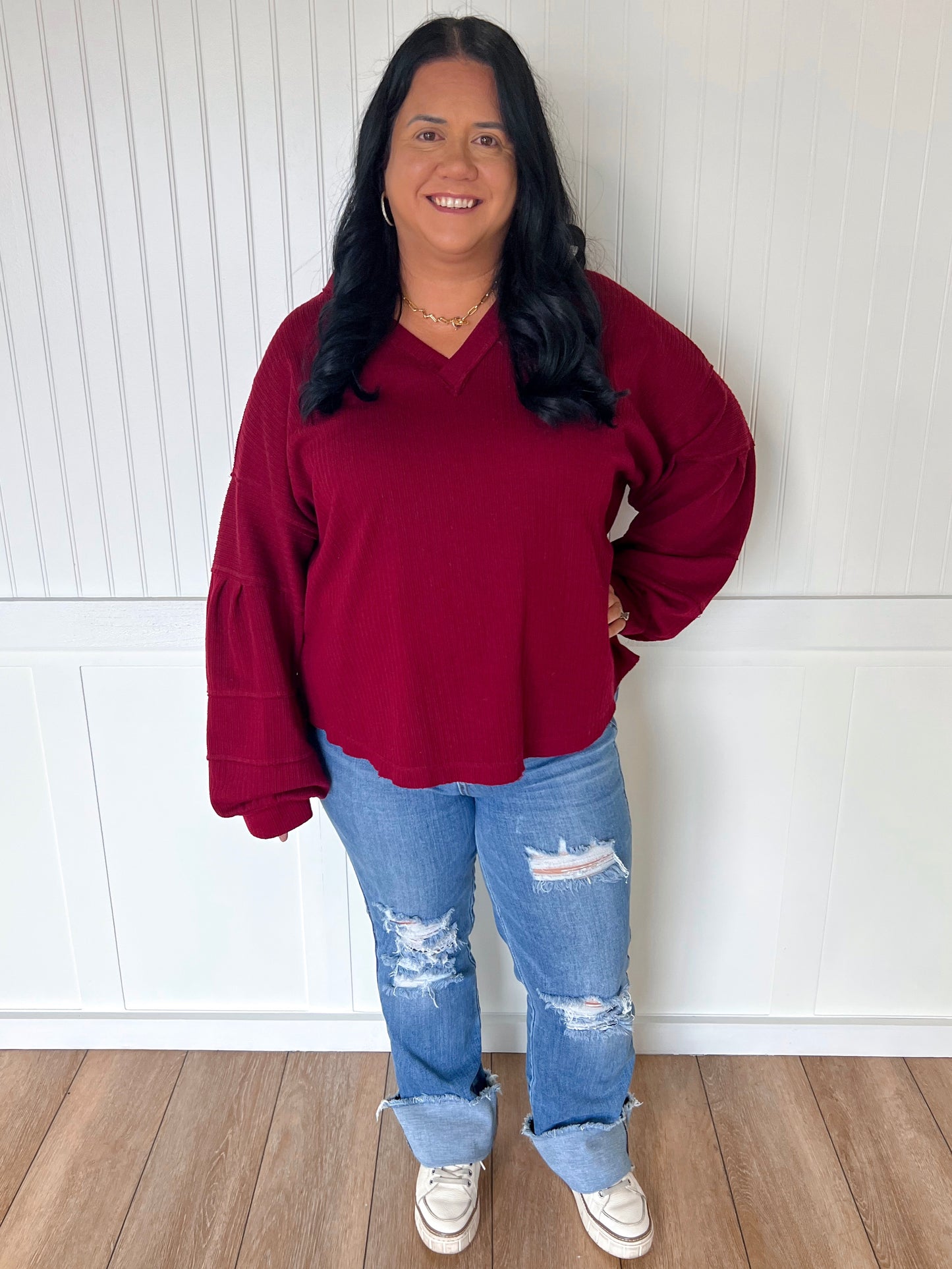 Gianna Textured Solid V-neck Comfy Knit Top - Plus Size-Shirt-VERY J-09/12/22,11/28/23 md,1st md,Max Retail,Tops Collection-The Twisted Chandelier