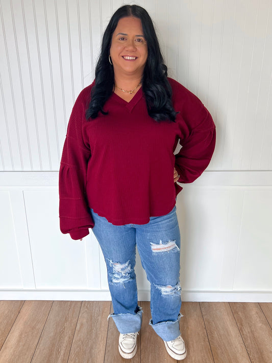 Gianna Textured Solid V-neck Comfy Knit Top - Plus Size-Shirt-VERY J-09/12/22,11/28/23 md,1st md,Max Retail,Tops Collection-The Twisted Chandelier