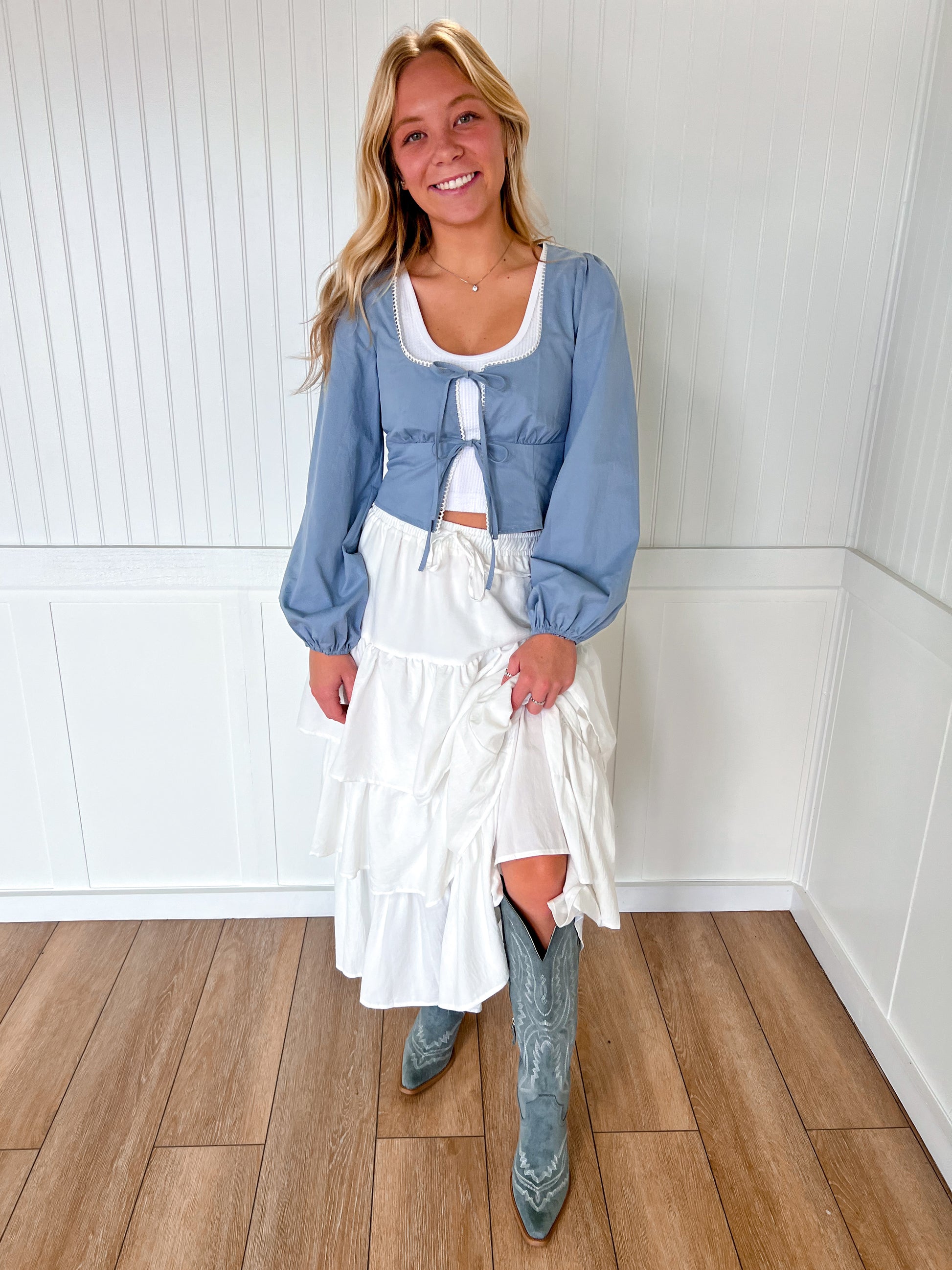 Lena Puff Long Sleeve Scoop Neck Lace Trimmed Blouse-Shirts & Tops-LE LIS-03/02/26,05/14/25,06/30/25,1st md,Bin a4,FD 02/25/25,OGP 44.95,Tops Collection-The Twisted Chandelier