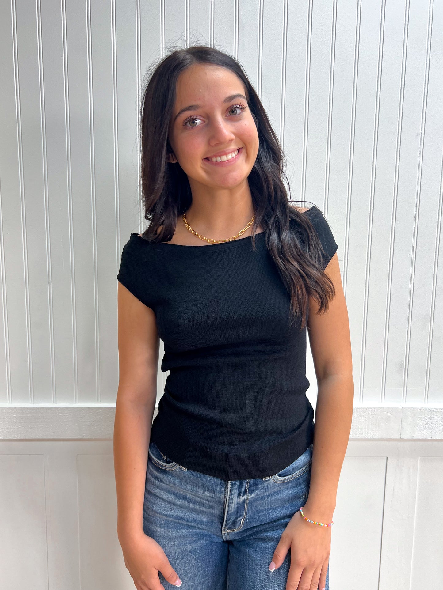 Aria Cap Sleeve Boat Neck Sweater Knit Top