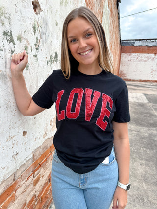 Black Arched Love Short Sleeve Embroidered Patch Tee-Graphic T-Shirt-Southern Belle Wholesale-02/03/26,BIN A5,Max Retail,Tops Collection-The Twisted Chandelier
