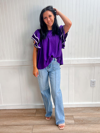 Raleigh Ruffle Sleeve Game Day Woven Top-Top-Vanilla Monkey-Fd 8/2/26,Tops Collection-The Twisted Chandelier