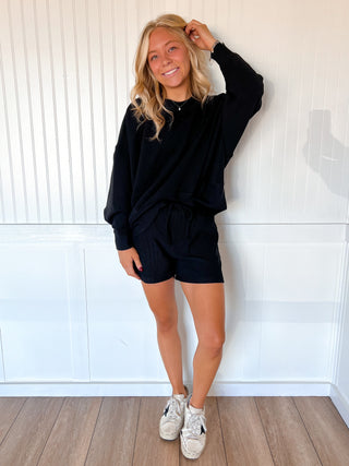 Nila Ribbed Round Neck Pullover and Short Set - Black-Zenana-03/02/26,FD 11/26/25-The Twisted Chandelier