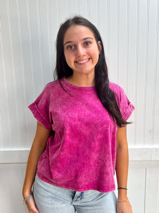 Kendall Washed Cotton Cuffed Short Sleeve Top - Magenta