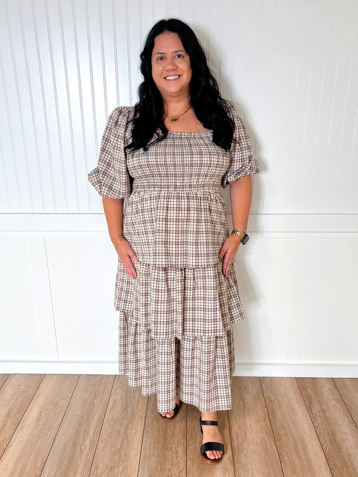 Charlotte Crinkled Plaid Smocked Top Midi Dress-Oddi-Bin B3,DJR,OGP 71.99-The Twisted Chandelier