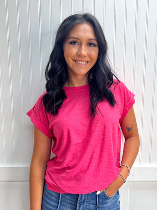 Addie Slub Cuffed Sleeve Tee - Fuschia-Top-ZENANA-Tops Collection-The Twisted Chandelier