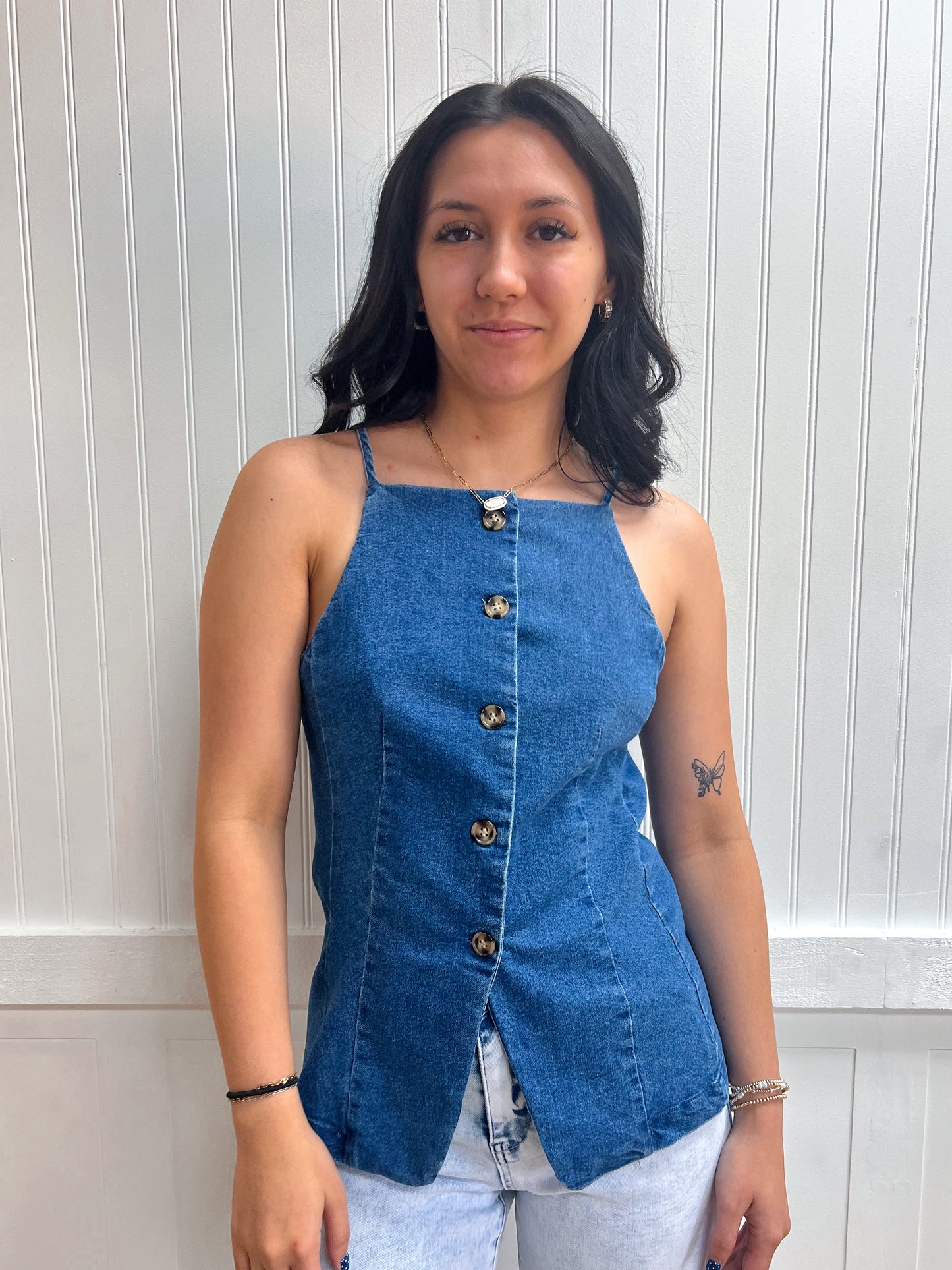 Rowan Straight Neckline Stretch Denim Long Vest Top-Shirts & Tops-Active Basic | Active USA-FD 04/30/26,Tops Collection-The Twisted Chandelier