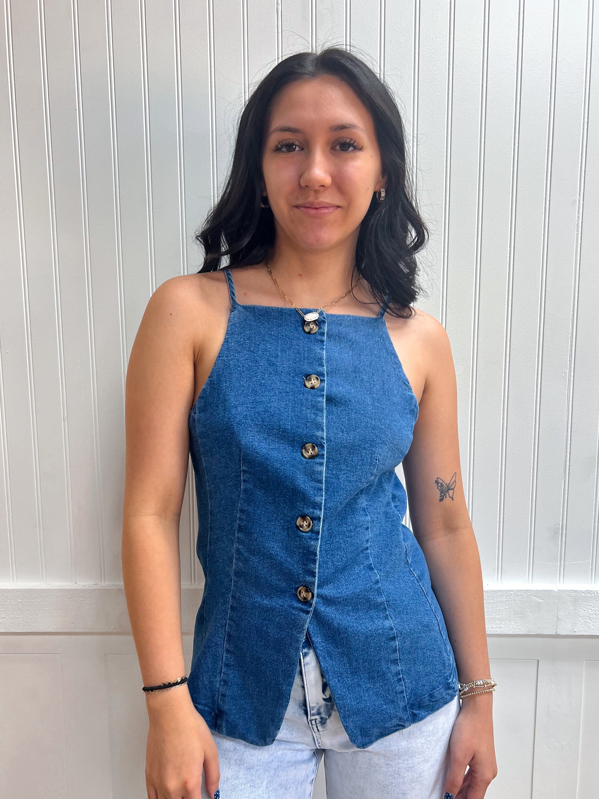 Rowan Straight Neckline Stretch Denim Long Vest Top-Shirts & Tops-Active Basic | Active USA-FD 04/30/26,Tops Collection-The Twisted Chandelier