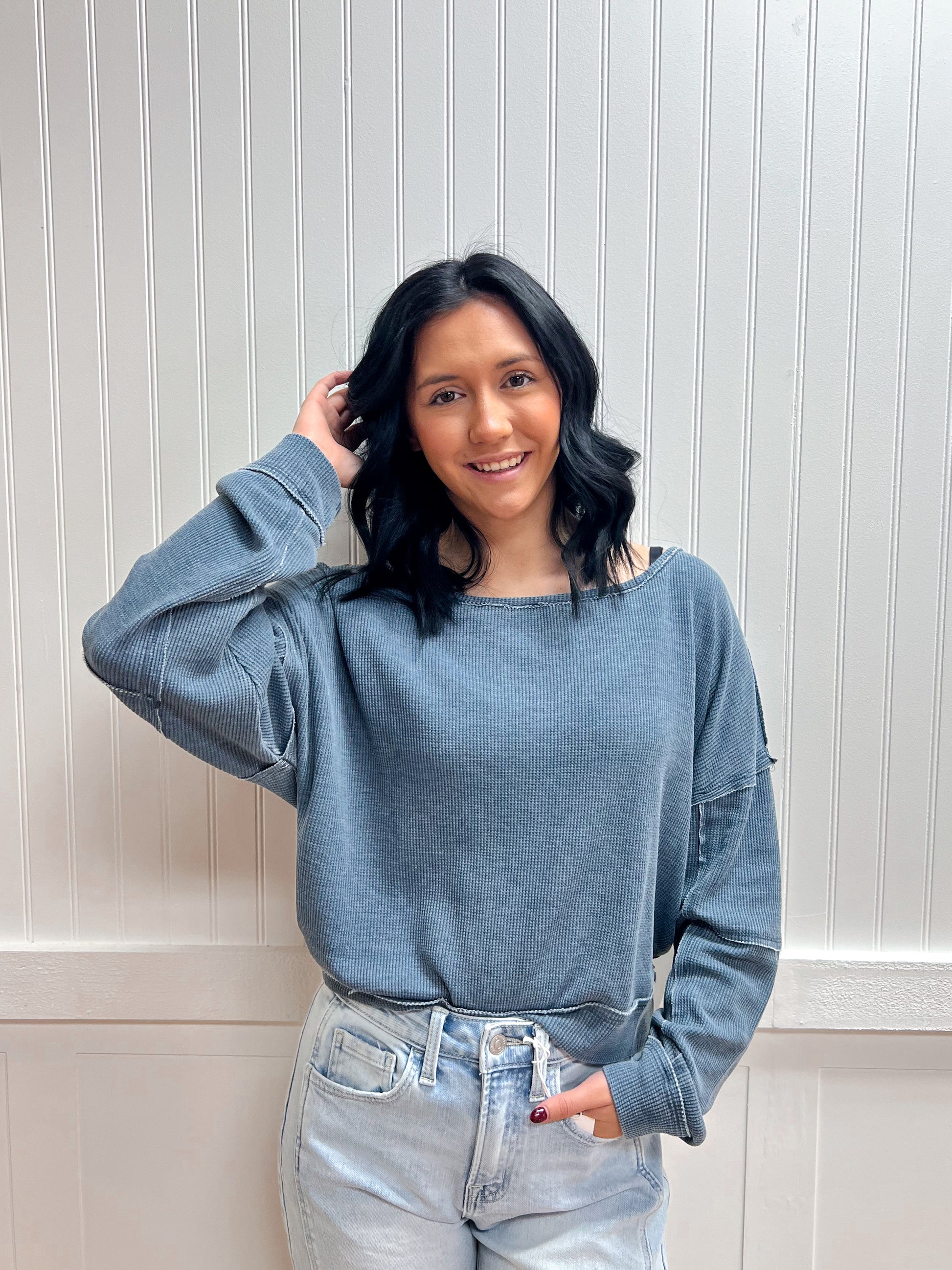 Bree Raw Edge Waffle Knit Boatneck Pullover-Mono B-FD 02/03/26,Tops Collection-The Twisted Chandelier