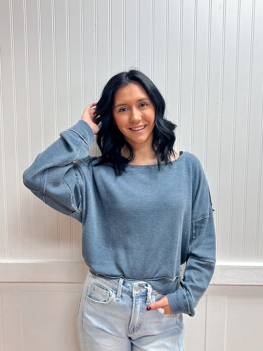 Bree Raw Edge Waffle Knit Boatneck Pullover-Mono B-FD 02/03/26,Tops Collection-The Twisted Chandelier