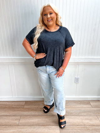 Ryland Washed Ribbed Cuffed Short Sleeve Round Neck Top Plus - Black-Top-Zenana-FD 05/30/26,Tops Collection-The Twisted Chandelier