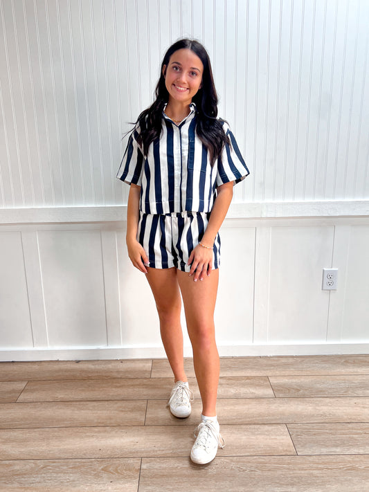 Indie Short Sleeve Shirt & Wide Stripe Linen Effect Shorts Set