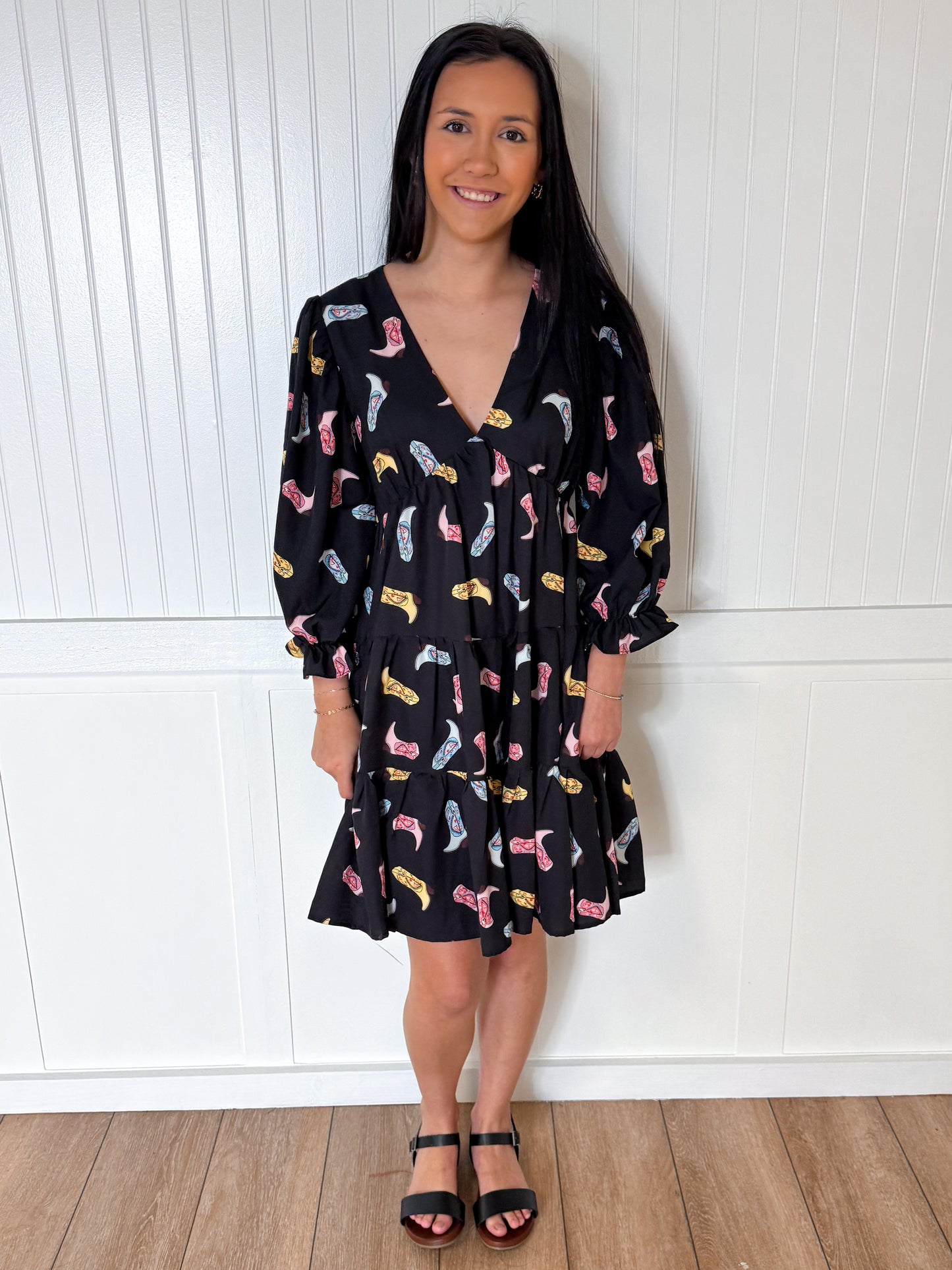 Alma Cowboy Boot Print Woven Dress-Dresses-She & Sky-09/03/24,1st md,Bin b2,DJR,FD 04/23/24,SY5861-The Twisted Chandelier