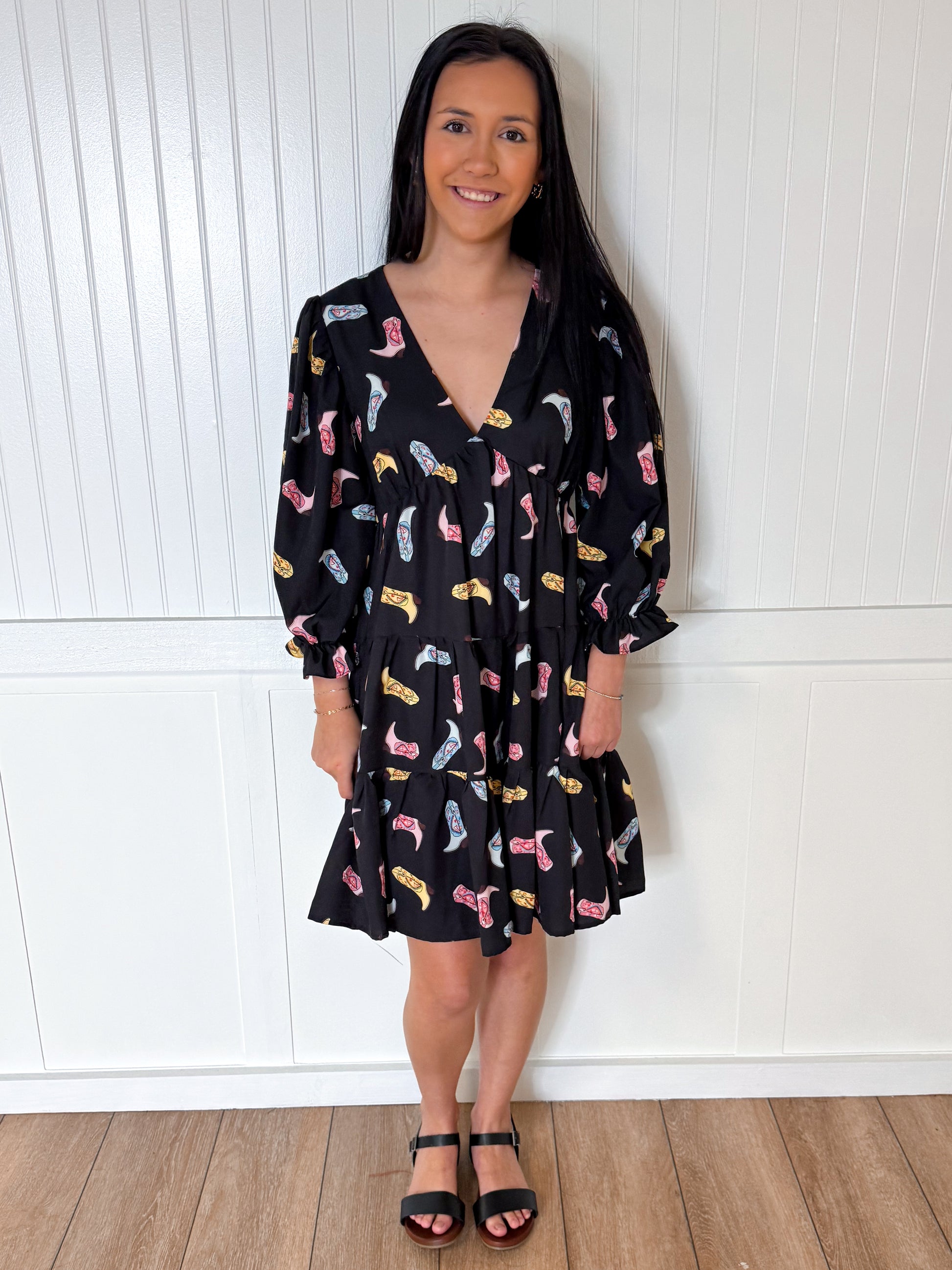 Alma Cowboy Boot Print Woven Dress-Dresses-She & Sky-09/03/24,1st md,Bin b2,DJR,FD 04/23/24,SY5861-The Twisted Chandelier