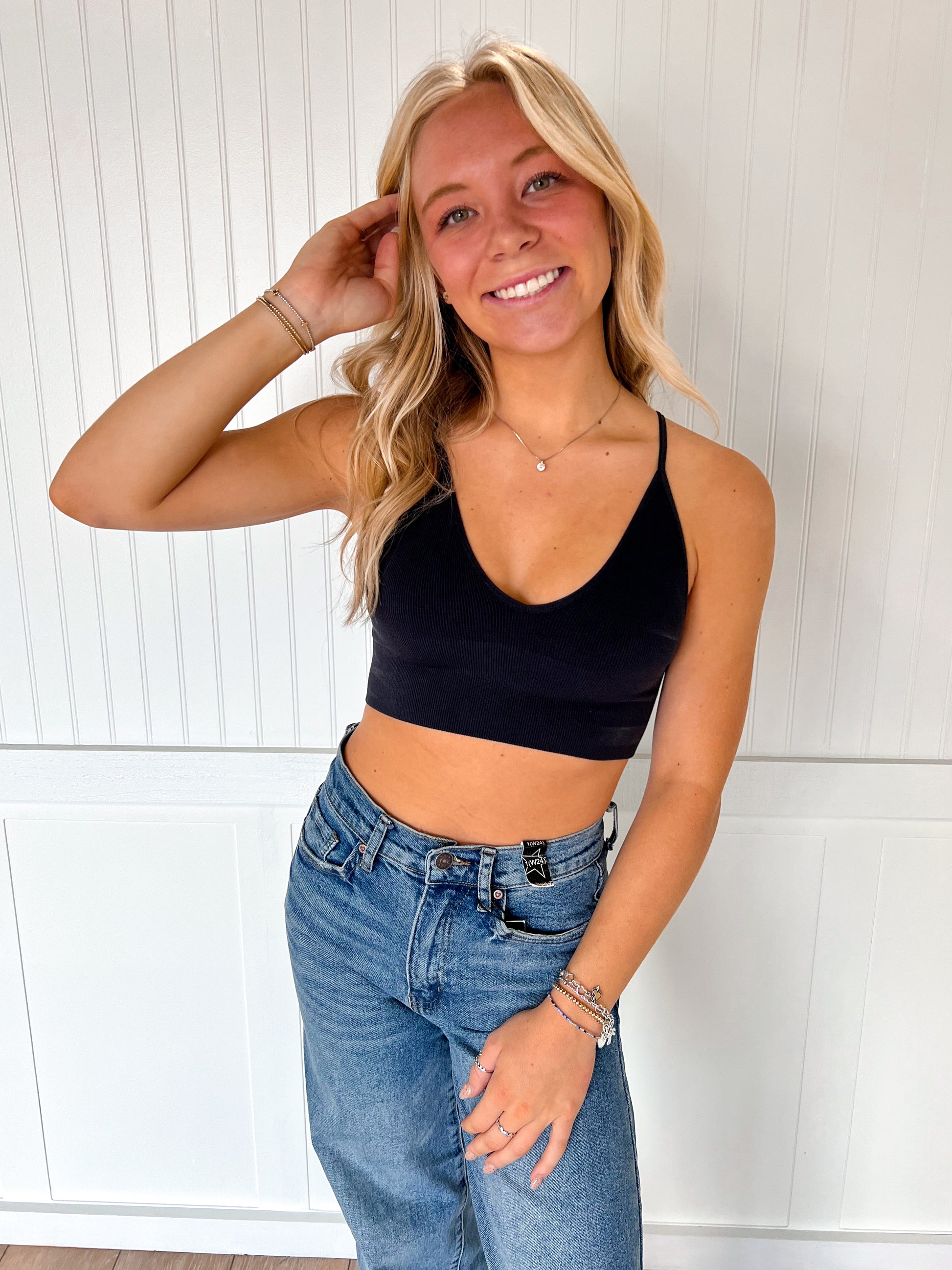 Emmie Seamless Ribbed Triangle Chest Spaghetti Strap Brami - Black-By Together-Bin B5,FD 07/15/25,Tops Collection-The Twisted Chandelier