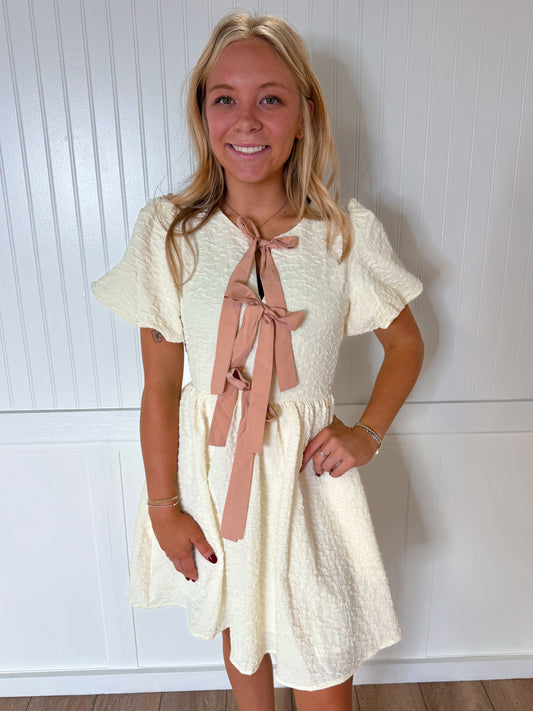 Bianca Bubble Textured Bow Tie Front Dress with Bubble Sleeves - Cream-Dress-idem ditto-1st md,BIN A 3,DJR,FD 05/13/25-The Twisted Chandelier